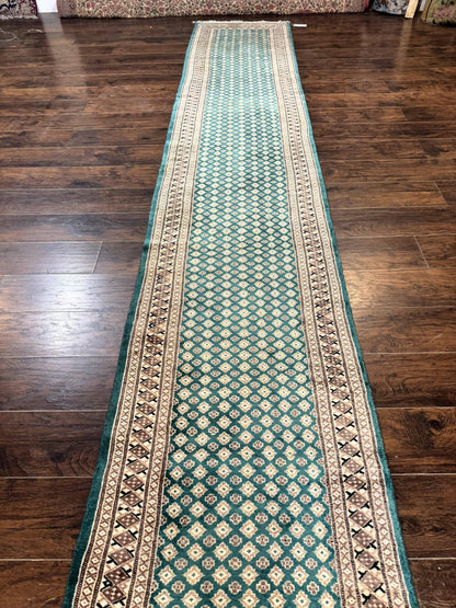 Long Pakistani Runner Rug 2.8 x 20, Hand Knotted Vintage Wool Hallway Rug, Turkoman Rug, Teal and Tan, Handmade Vintage Wool Runner - Nuvé
