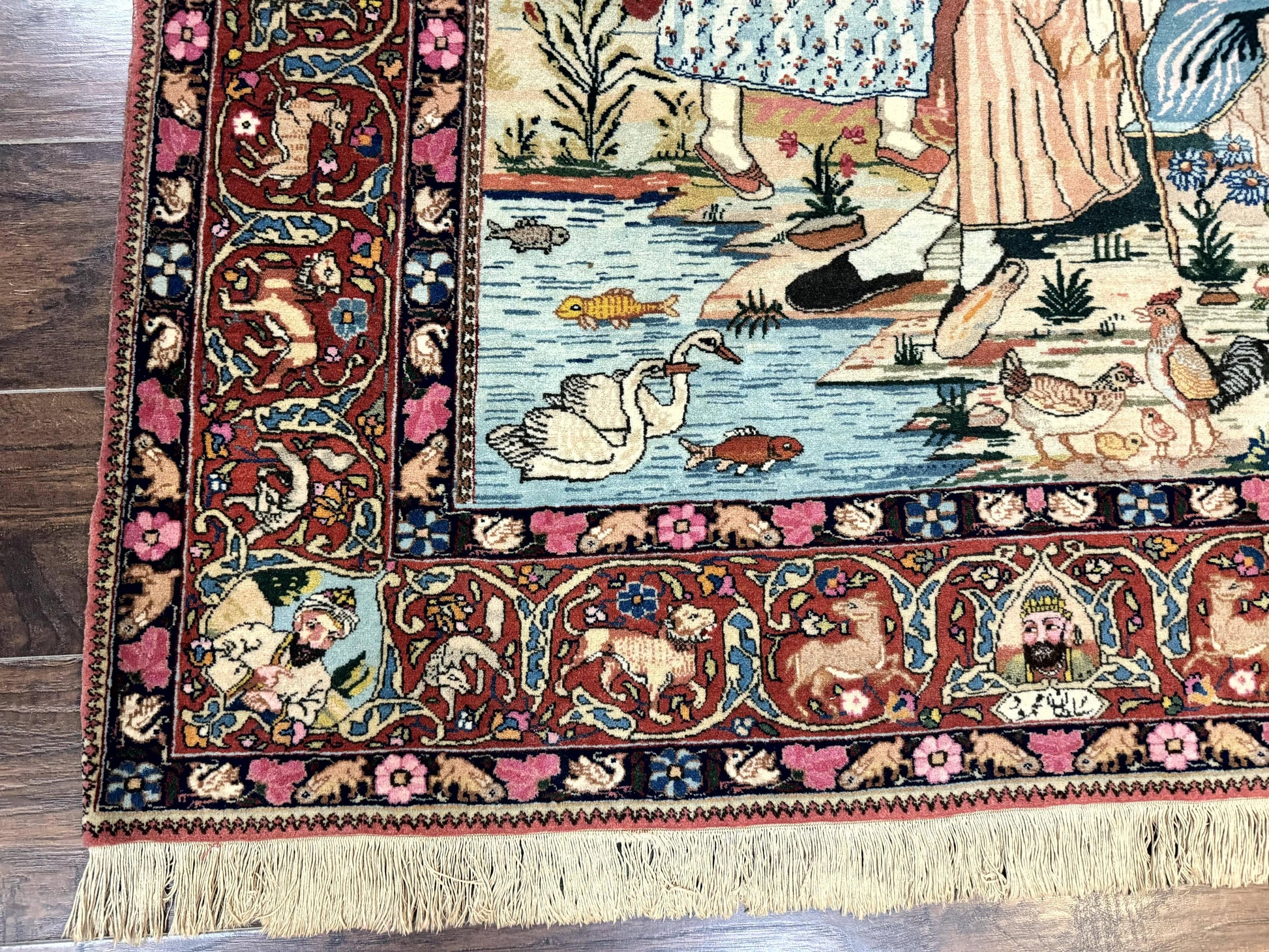 Wonderful Persian Kashan Pictorial Rug 4.7 x 6.5, Persian Rug for Wall Hanging, Handmade Antique Wool Carpet Animal Motifs Poetry Lovers, 240 KPSI - Nuvé