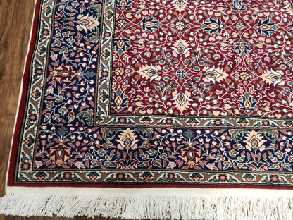 Vintage Turkish Sivas Area Rug 6.5 x 9.5, Wool Hand-Knotted Red & Midnight Blue Allover Floral Pattern Oriental Carpet, 6x9 Traditional Rug - Nuvé