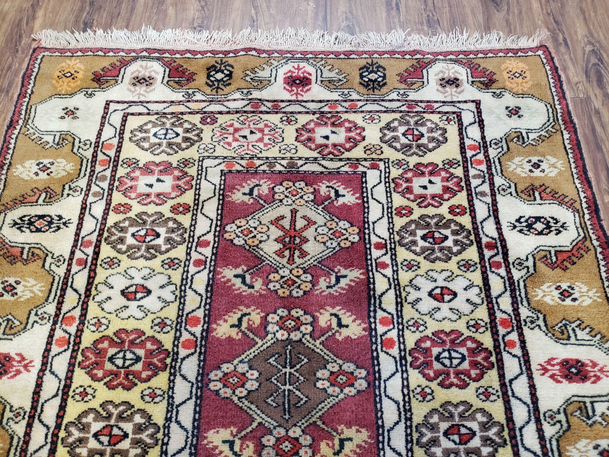 Turkish Caucasian Rug 4x7, Vintage Hand-Knotted Wool Turkish Talish Carpet 4 x 7, Cream, Burnt Orange Carmine Red Area Rug, Bohemian Rug - Nuvé