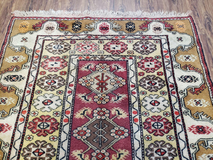 Turkish Caucasian Rug 4x7, Vintage Hand-Knotted Wool Turkish Talish Carpet 4 x 7, Cream, Burnt Orange Carmine Red Area Rug, Bohemian Rug - Nuvé