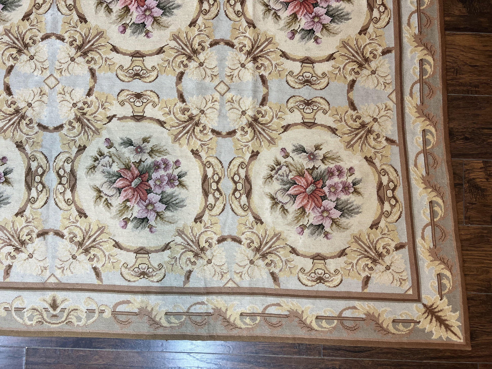 Chinese Needlepoint Rug 8x11, Handmade Wool Needlepoint Carpet, Vintage, Sky Blue - Nuvé
