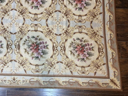 Chinese Needlepoint Rug 8x11, Handmade Wool Needlepoint Carpet, Vintage, Sky Blue - Nuvé