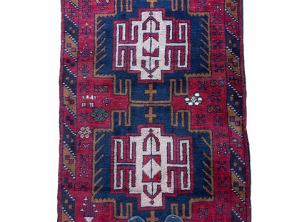 2' 9" X 4' 7" Vintage Handmade Tribal Wool Rug Balouchi Rug Afghan Rug Red Beige