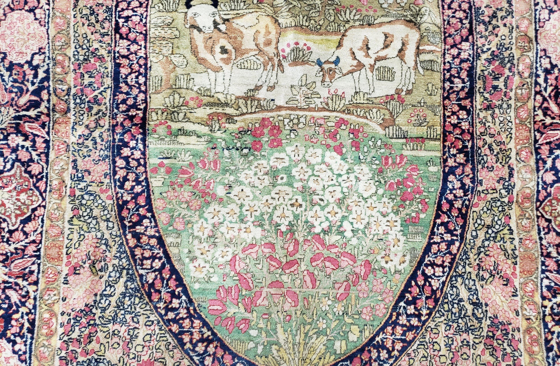 Antique Persian Kirman Rug 4.4 x 7.5, Highly Collectible, Late 19th Early 20th Century Rug, Millefleurs, Cows, Wool Hand Knotted, Pictorial - Nuvé