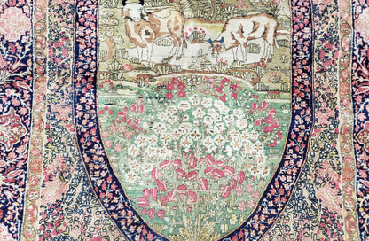Antique Persian Kirman Rug 4.4 x 7.5, Highly Collectible, Late 19th Early 20th Century Rug, Millefleurs, Cows, Wool Hand Knotted, Pictorial - Nuvé