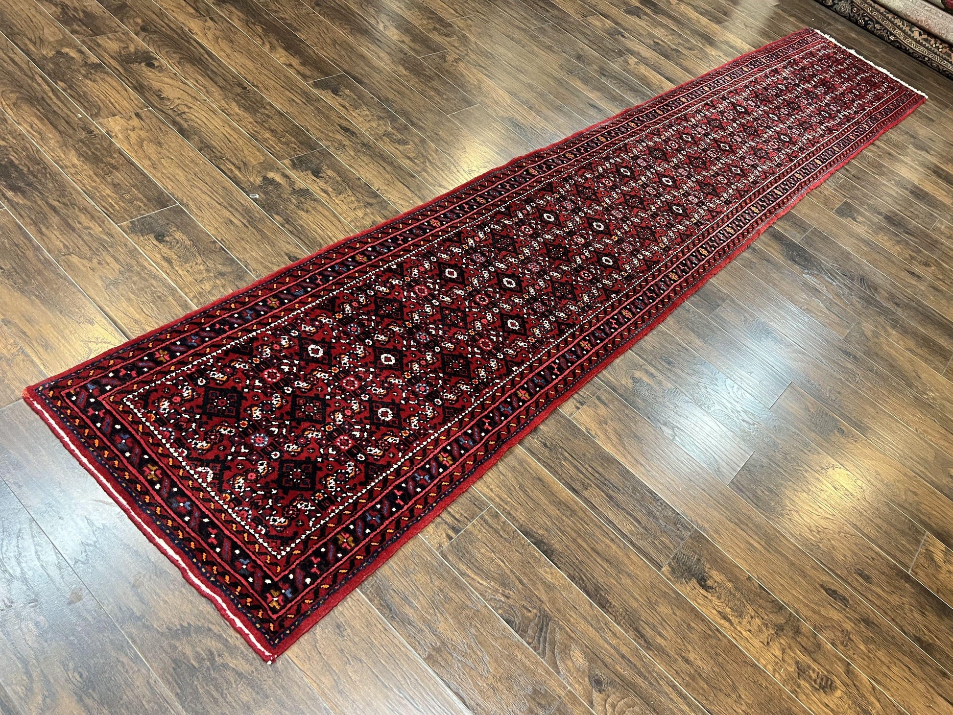 Persian Runner Rug 3 x 16, Wool Handmade Long Antique Hamadan Oriental Rug for Hallway, Red Tribal Rug, Allover Pattern, 3x16 Runner Rug - Nuvé