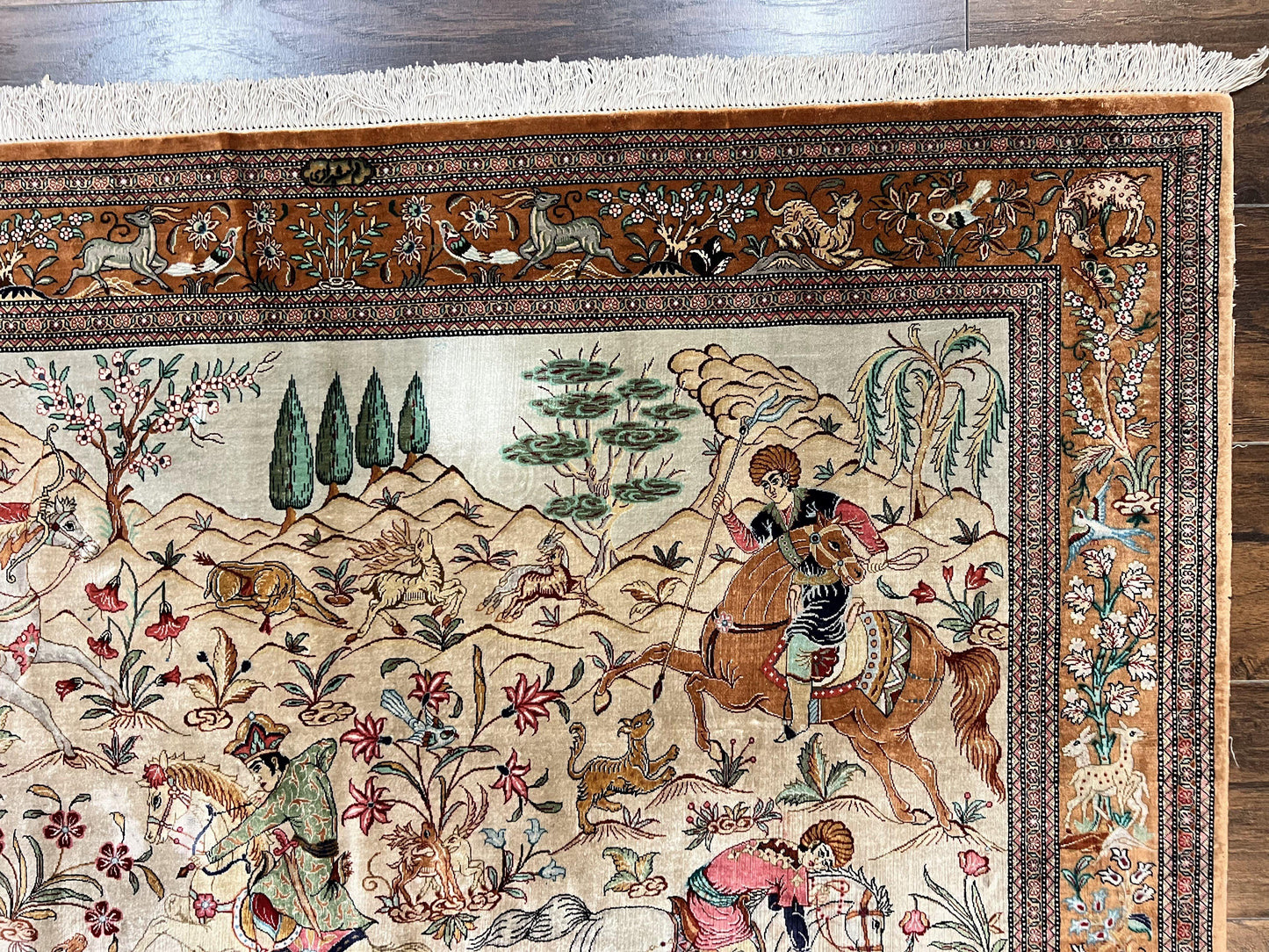 Silk Persian Qum Rug 3x5, Hunting Pattern, Handmade Vintage Carpet, Signed by Master Weaver, Horsemen Pictorials, Super Fine 650 KPSI - Nuvé