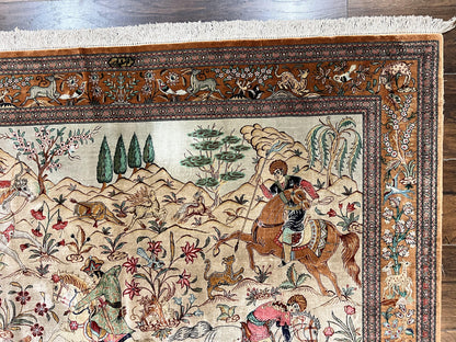 Silk Persian Qum Rug 3x5, Hunting Pattern, Handmade Vintage Carpet, Signed by Master Weaver, Horsemen Pictorials, Super Fine 650 KPSI - Nuvé
