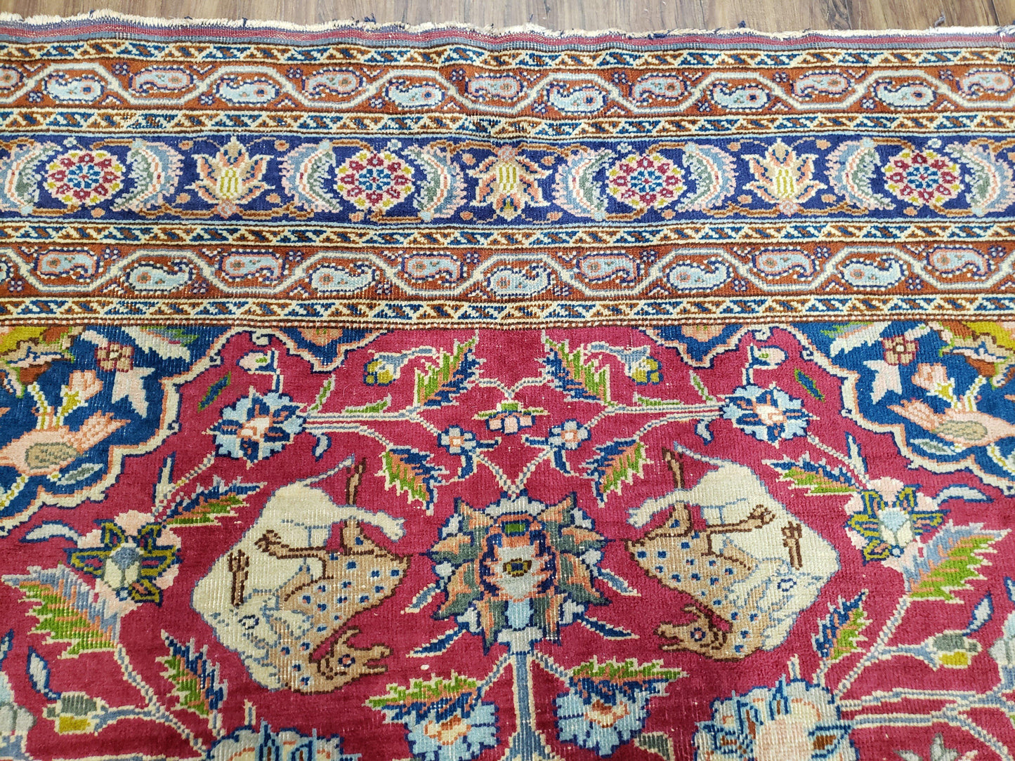 Antique Turkish Sivas Area Rug 8x11, Hand-Knotted, Vintage Red Wool Carpet, Gazelles Lions, Boteh Border, 8' x 11' Top Quality Oriental Rug - Nuvé