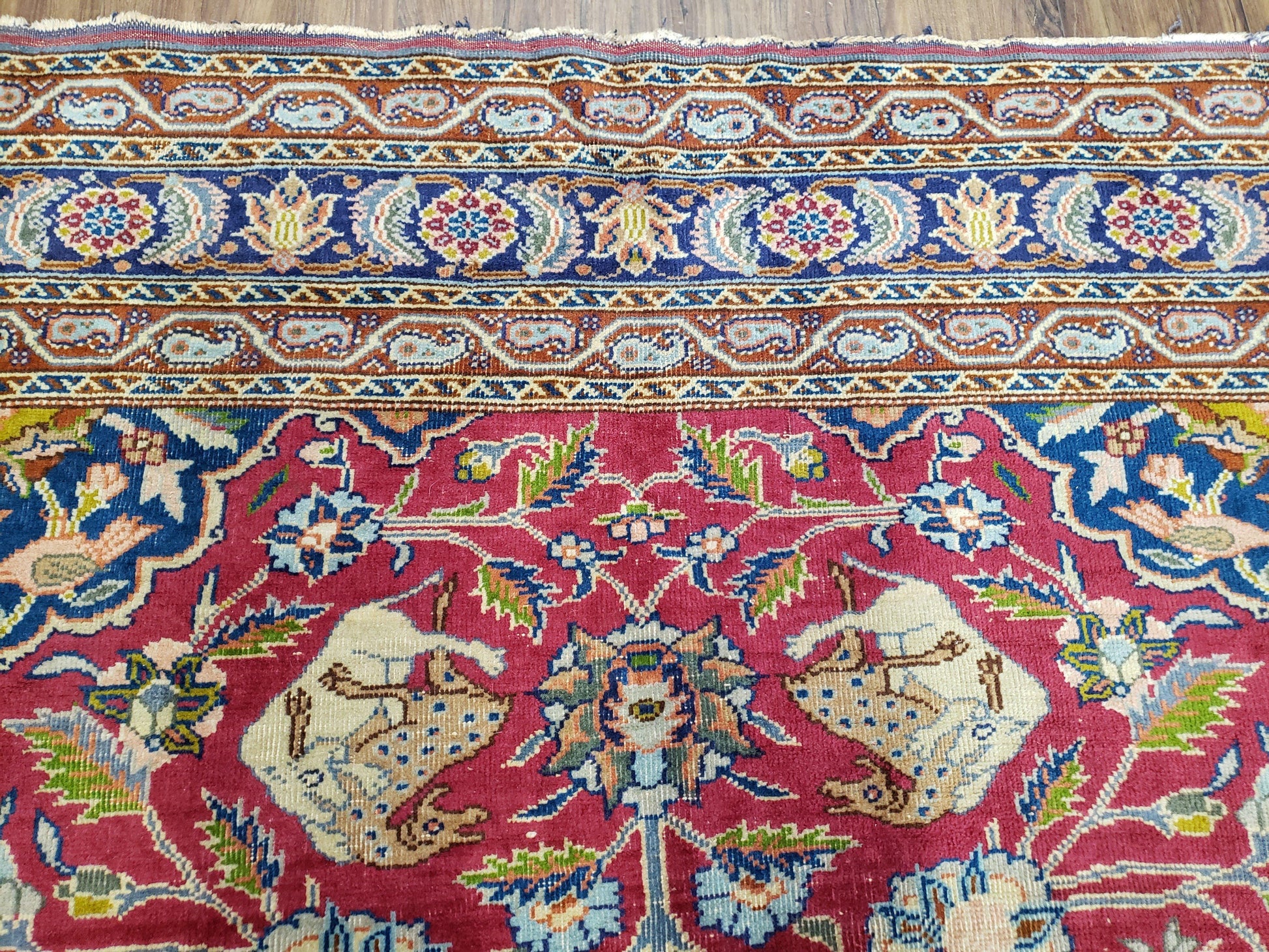 Antique Turkish Sivas Area Rug 8x11, Hand-Knotted, Vintage Red Wool Carpet, Gazelles Lions, Boteh Border, 8' x 11' Top Quality Oriental Rug - Nuvé
