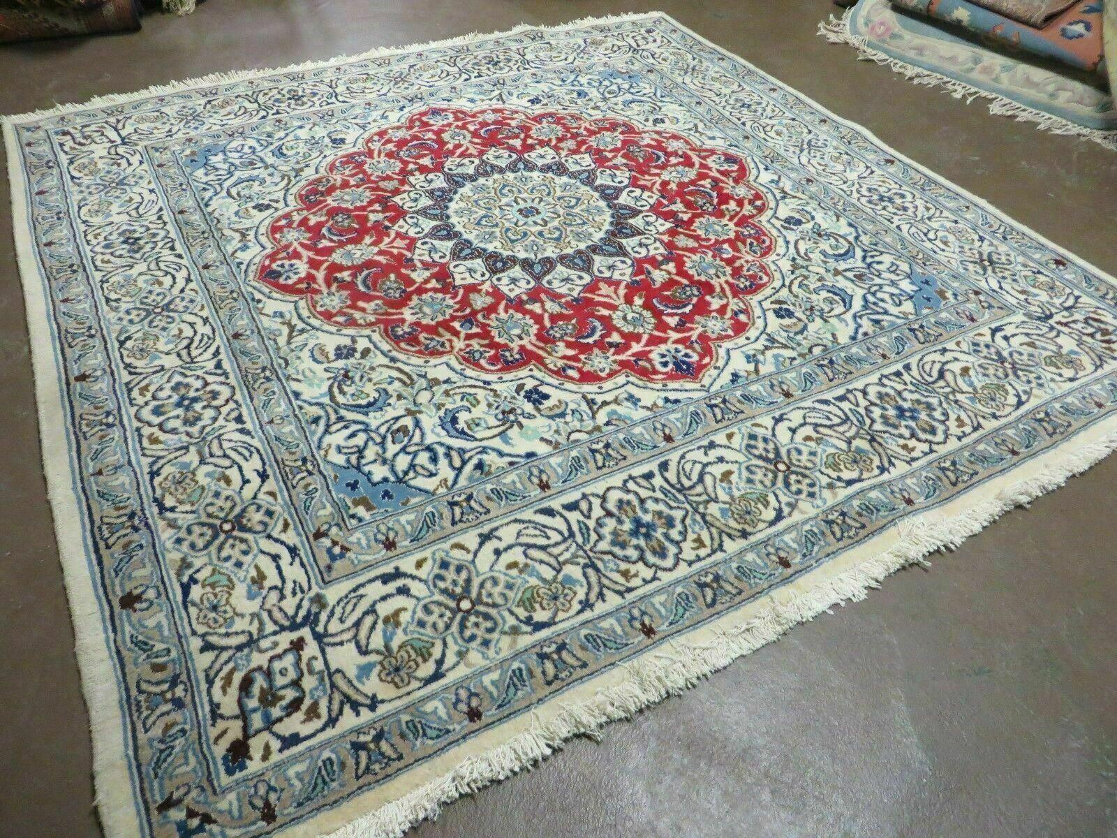 Square Persian Nain Rug 6.3 x 6.8, Hand-Knotted Wool with Silk Accents, Ivory Red Blue - Nuvé