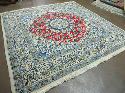 Square Persian Nain Rug 6.3 x 6.8, Hand-Knotted Wool with Silk Accents, Ivory Red Blue - Nuvé