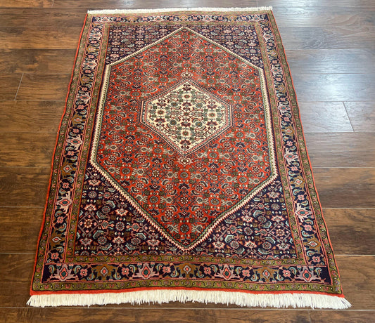 Persian Bidjar Rug 4x5, Finely Hand Knotted Vintage Carpet, Red and Navy Blue, Handmade Wool Rug, 180 KPSI - Nuvé