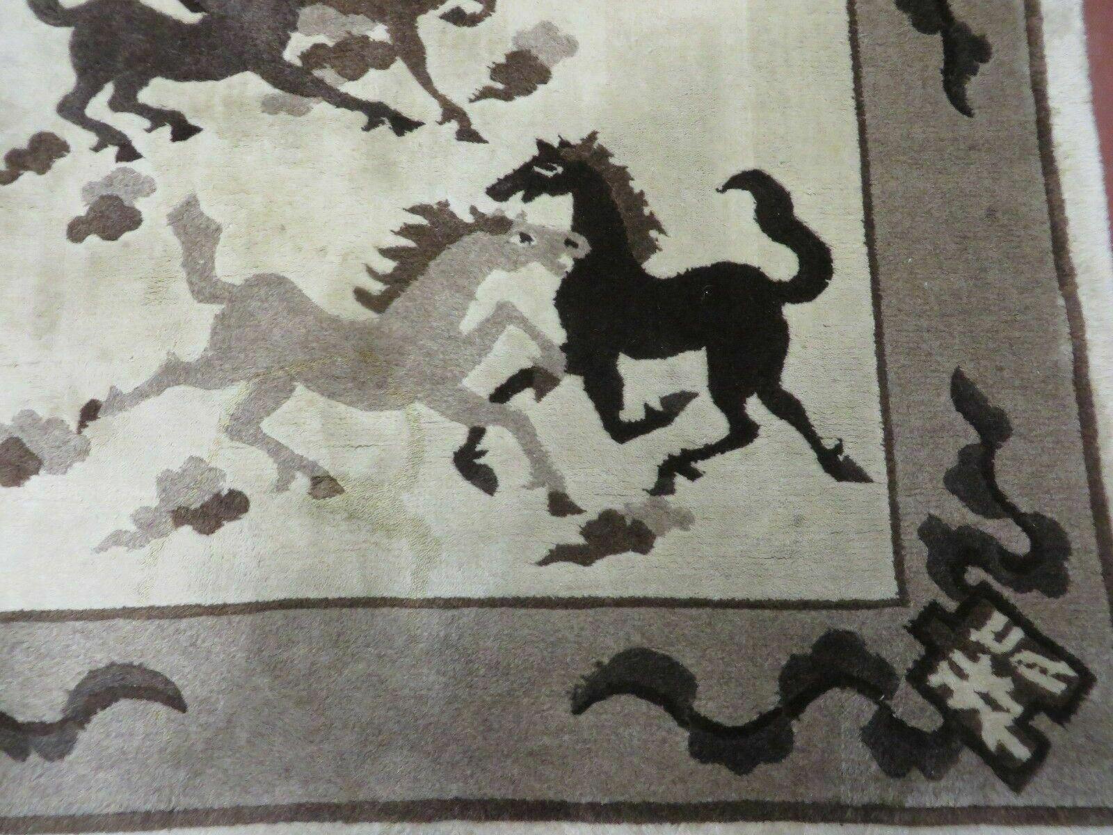4' X 6' Modern Tibetan Nepal Art Deco Chinese Hand Knotted Wool Rug Horses Nice - Nuvé