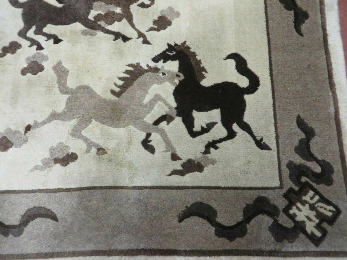4' X 6' Modern Tibetan Nepal Art Deco Chinese Hand Knotted Wool Rug Horses Nice