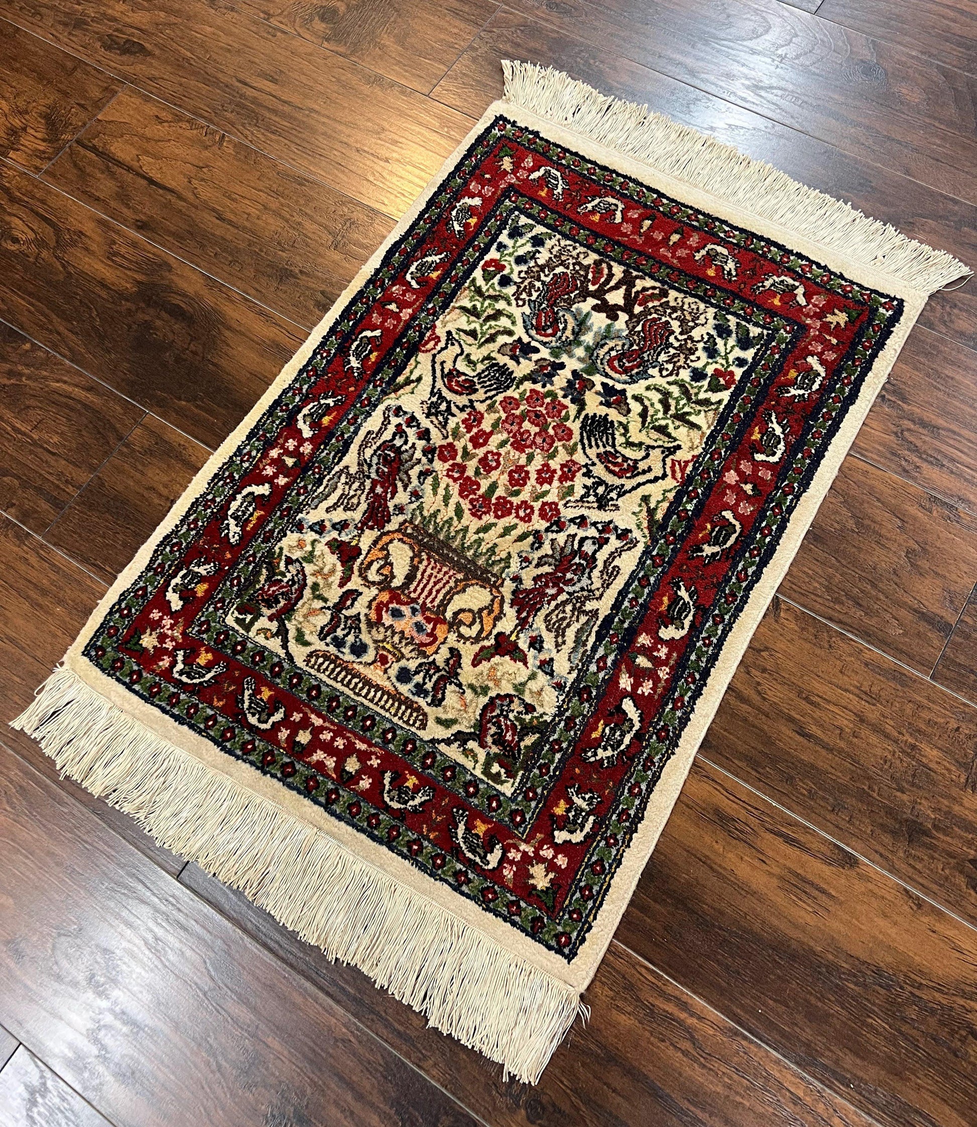 Small Indo Persian Rug 2x3 ft, Wool with Silk Highlights, Animal Pictorial Motifs Birds Vase Flowers, Cream and Maroon, Hand Knotted Fine - Nuvé