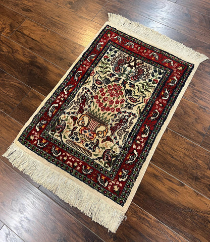 Small Indo Persian Rug 2x3 ft, Wool with Silk Highlights, Animal Pictorial Motifs Birds Vase Flowers, Cream and Maroon, Hand Knotted Fine - Nuvé