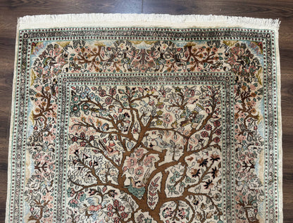 Indian Kashmiri Silk Rug 4x7, Tree of Life Design, Very Fine 380 KPSI, Birds - Nuvé