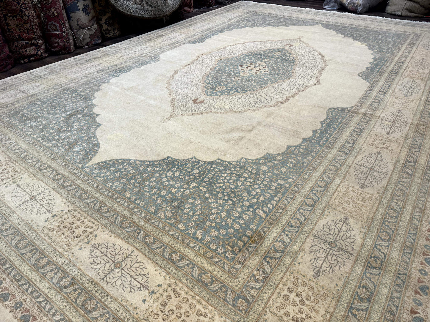 Palace Size Pak Persian Rug 12x18, Haji Jalili Design, Pakistani Carpet, Oat and Light Blue, Fine 260 KPSI - Nuvé