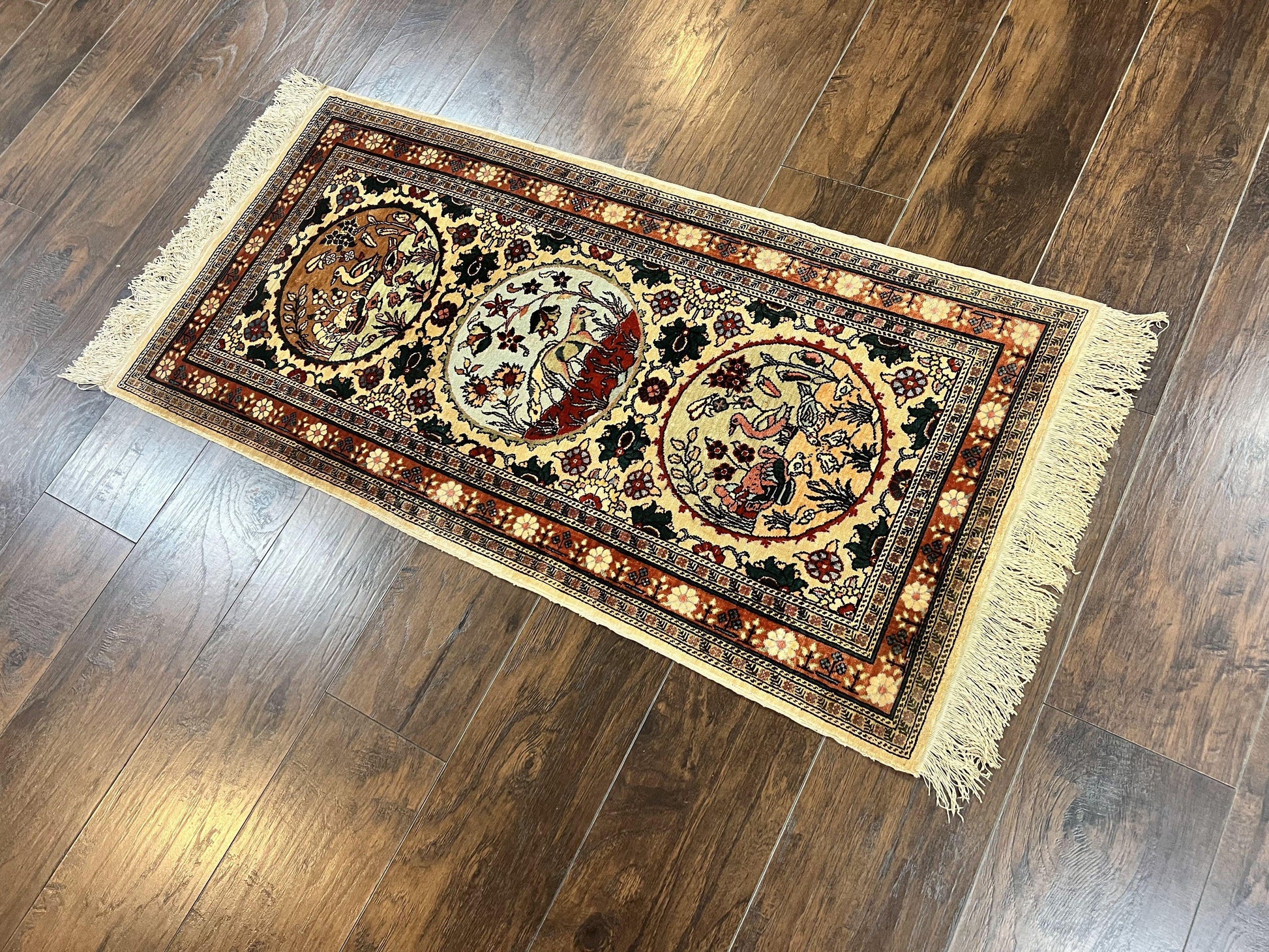 Silk Turkish Rug 2x4, Fine Handmade Oriental Rug, Animal Pictorial Birds Silk Pile on Silk Foundation Vintage Hand Knotted Hereke Carpet - Nuvé