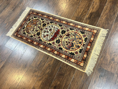 Silk Turkish Rug 2x4, Fine Handmade Oriental Rug, Animal Pictorial Birds Silk Pile on Silk Foundation Vintage Hand Knotted Hereke Carpet - Nuvé