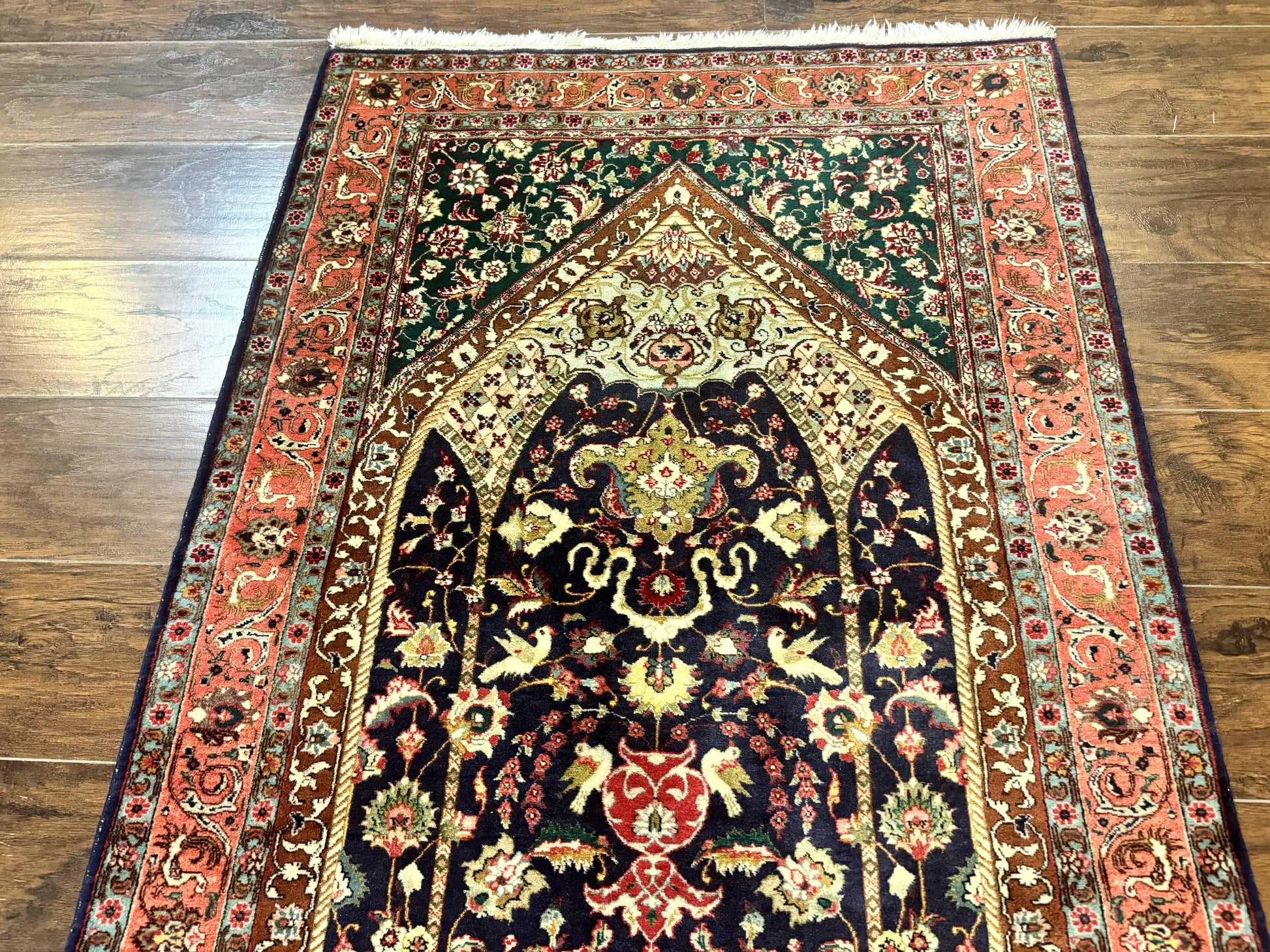 Persian Tabriz Rug 3x4, Navy Blue, Birds, Floral, Prayer Rug, Handmade Wool Rug, Finely Hand Knotted 325 KPSI - Nuvé