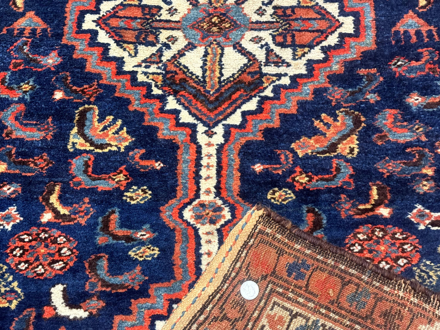 Antique Persian Hamadan Rug 4x6, Geometric, Double Medallions, Navy Blue, Tribal Carpet - Nuvé