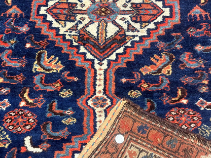 Antique Persian Hamadan Rug 4x6, Geometric, Double Medallions, Navy Blue, Tribal Carpet - Nuvé