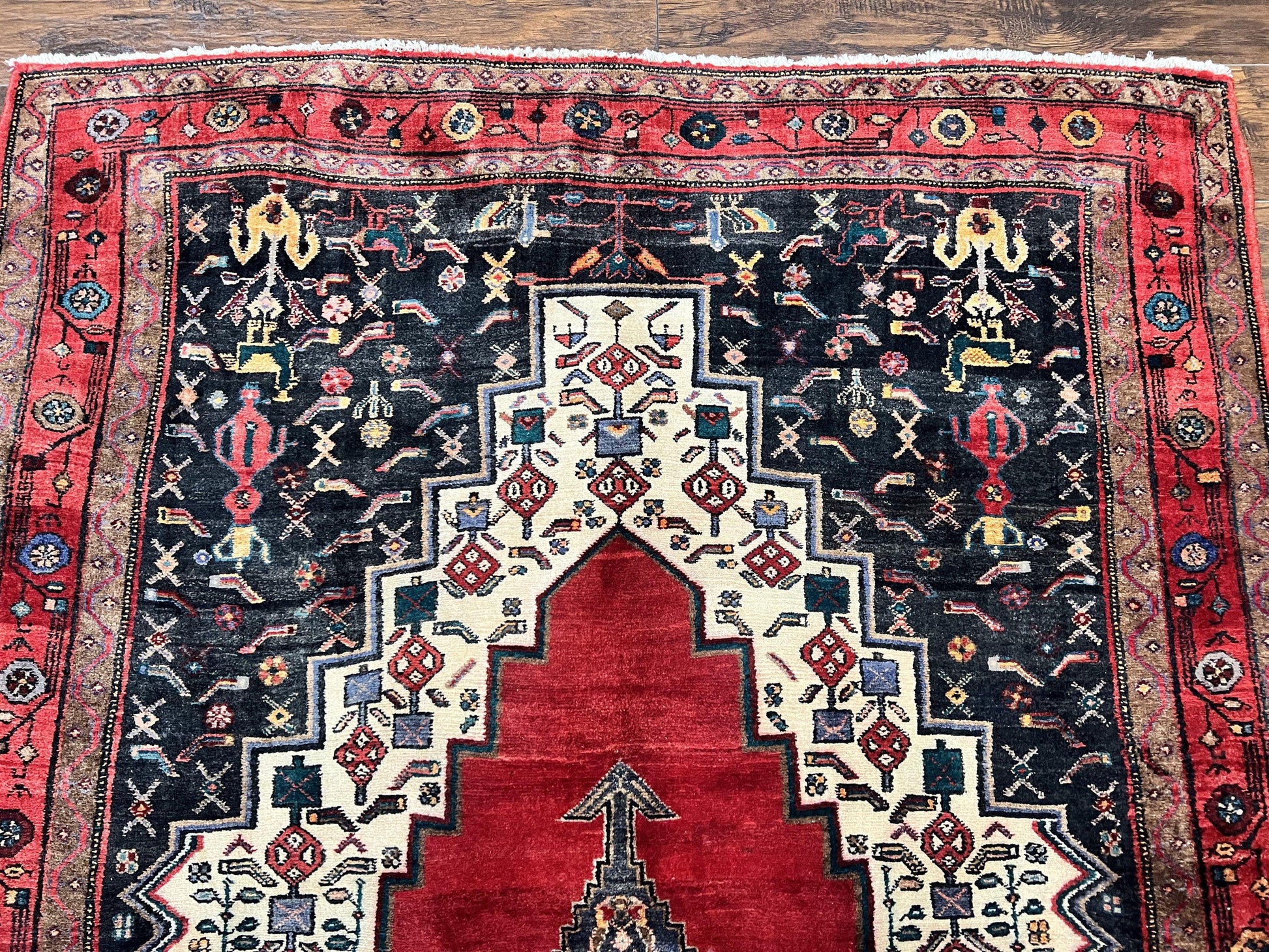 Persian Rug 5x12 ft, Red Cream Navy Blue, Pictorials, Hand Knotted Handmade Wide Runner Tribal Bidjar Semi Antique Wool Geometric Oriental Rug - Nuvé