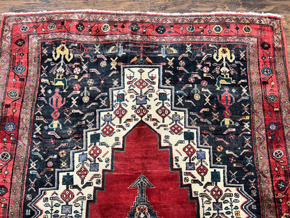 Persian Rug 5x12 ft, Red Cream Navy Blue, Pictorials, Hand Knotted Handmade Wide Runner Tribal Bidjar Semi Antique Wool Geometric Oriental Rug - Nuvé