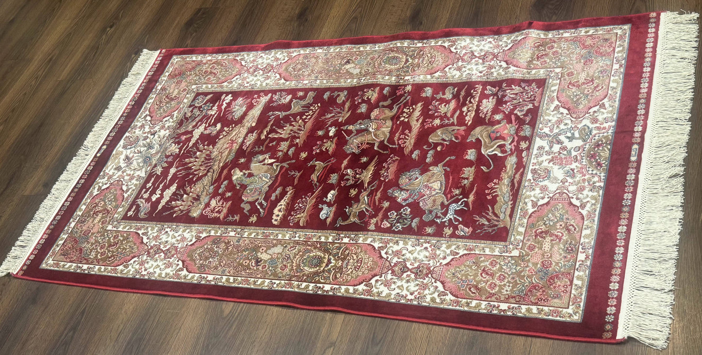 Turkish Silk Rug 3x5, Hunting Design, Dark Red & Ivory, Bamboo Silk, New - Nuvé