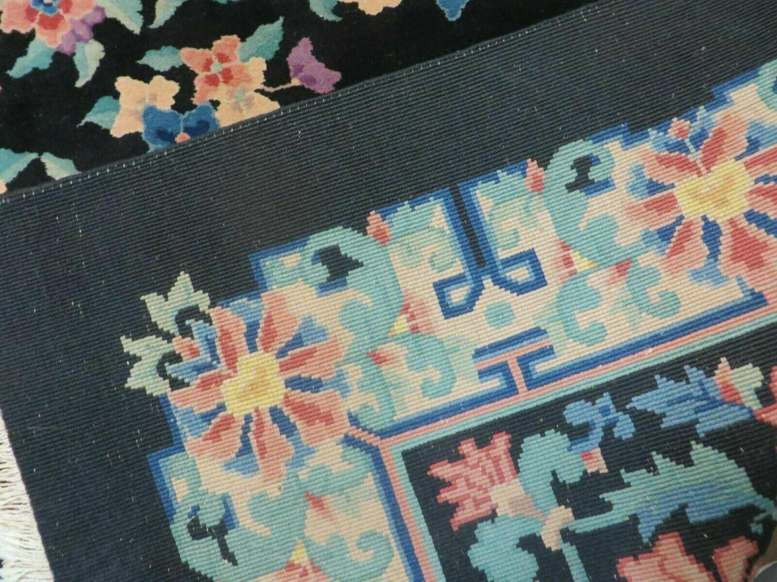 8' x 10' Vintage Handmade Art Deco Plush Chinese Wool Rug center Flower Black - Nuvé