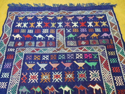 3' X 7' Vintage Handmade Indian Wool Kilim Flat weave Rug Camel Birds Blue Geometric Short Runner - Nuvé