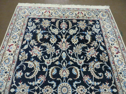 Persian Nain Rug 4x7, Navy Blue and Ivory, Handmade, Wool & Silk Highlights, Fine Oriental Rug, Vintage - Nuvé