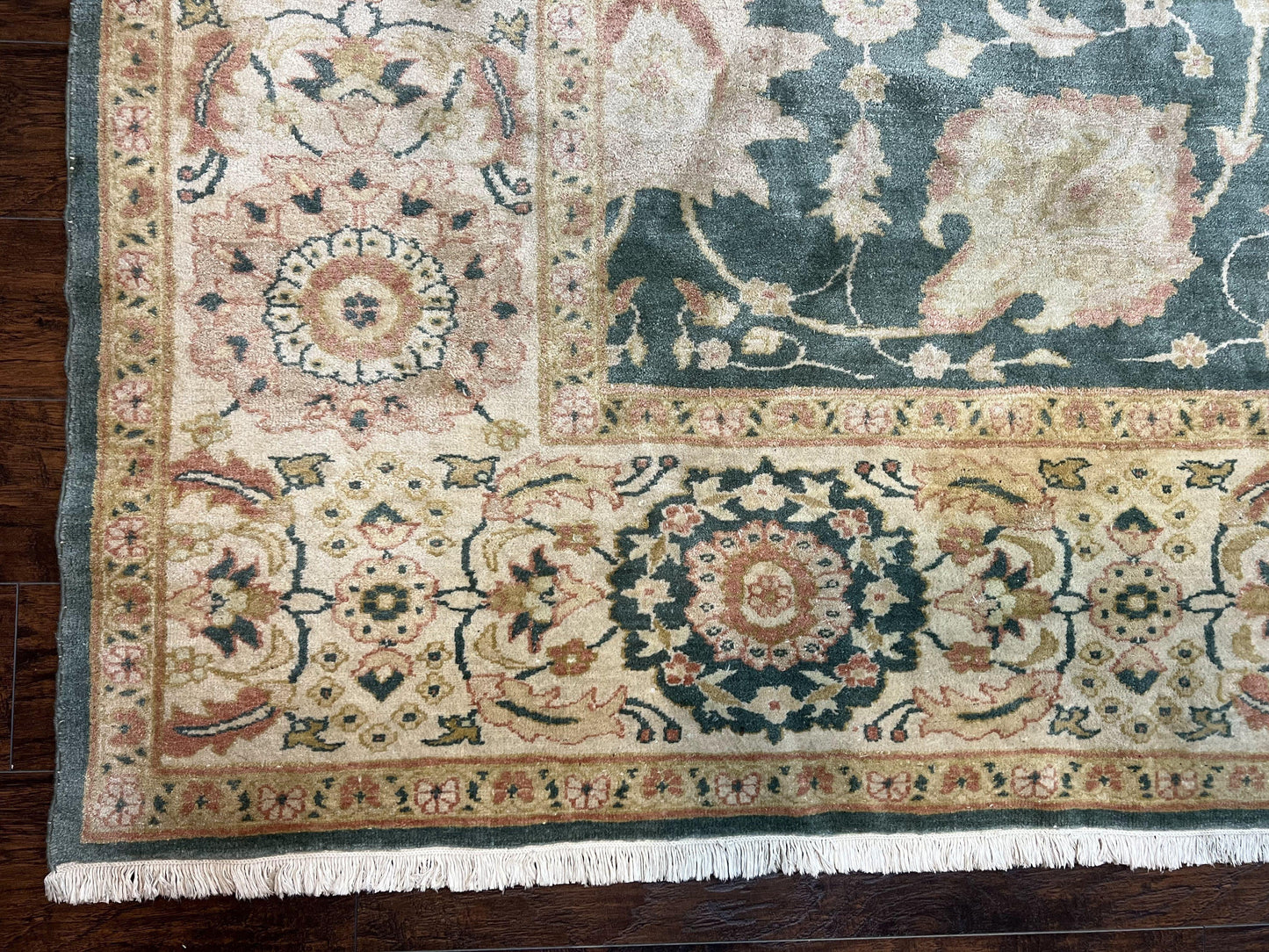 Egyptian Mahal Rug 10x14, Large Vintage Floral Hand Knotted Wool Carpet 10 x 14, Dark Green and Beige Traditional Handmade Persian Area Rug - Nuvé