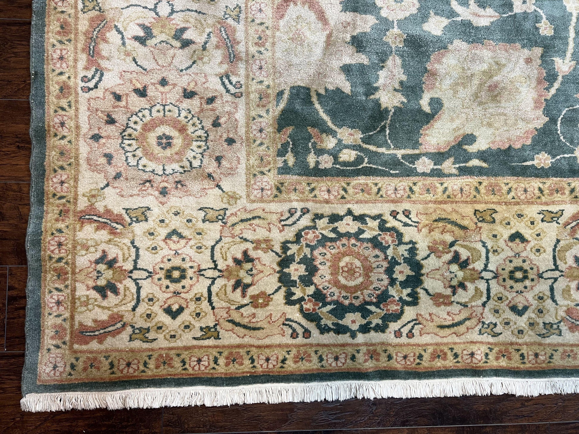 Egyptian Mahal Rug 10x14, Large Vintage Floral Hand Knotted Wool Carpet 10 x 14, Dark Green and Beige Traditional Handmade Persian Area Rug - Nuvé