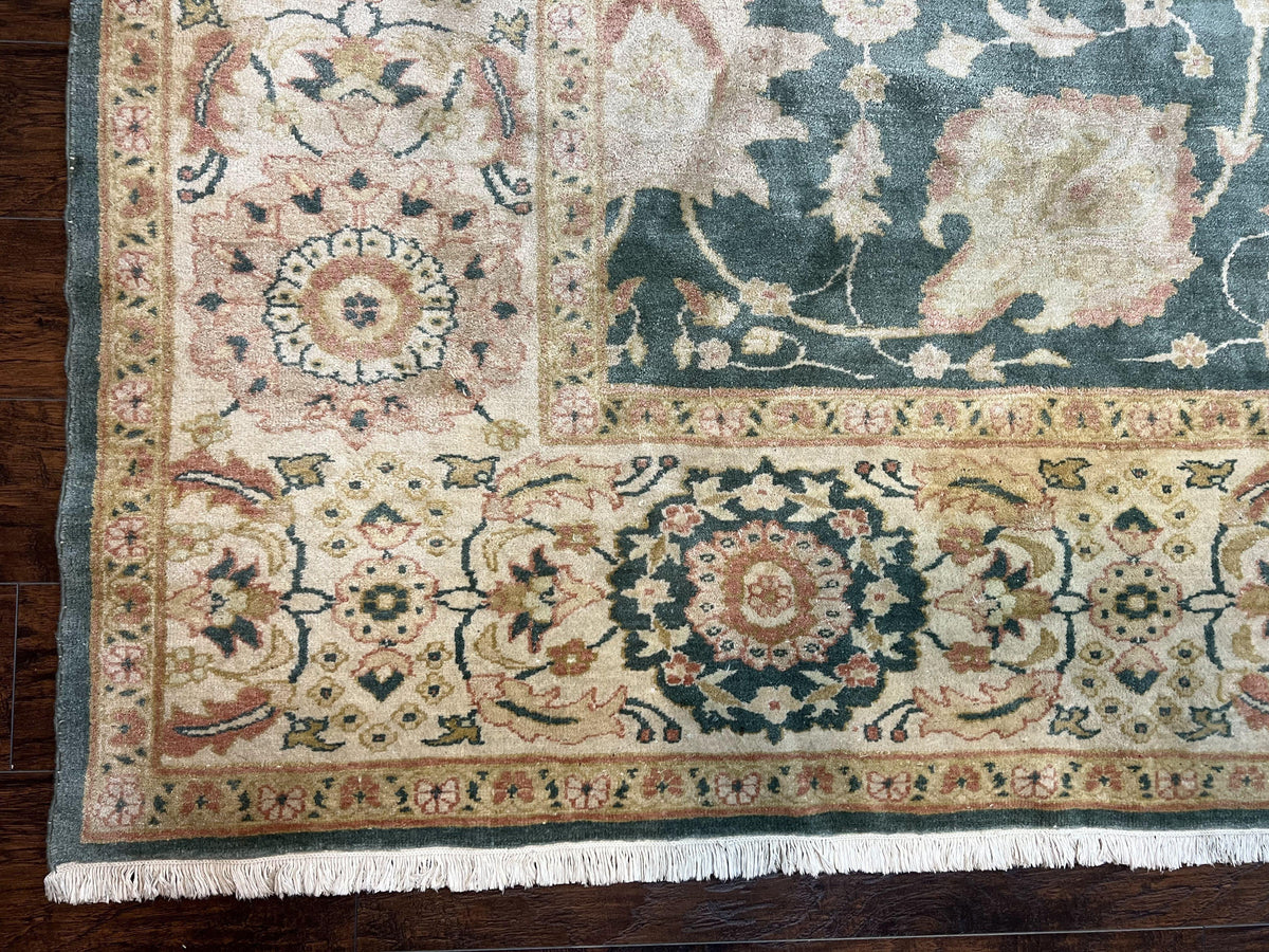 Egyptian Mahal Rug 10x14, Large Vintage Floral Hand Knotted Wool Carpet 10 x 14, Dark Green and Beige Traditional Handmade Persian Area Rug