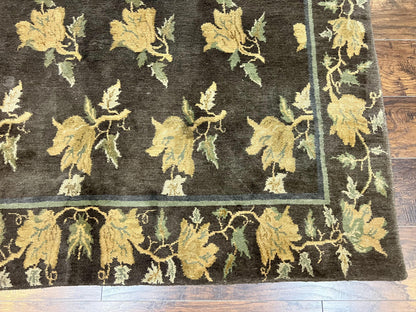 Tibetan Nepal Rug 6x9, Wool Hand Knotted Vintage Carpet 6 x 9, Dark Green & Golden Yellow, Floral Bouquets - Nuvé