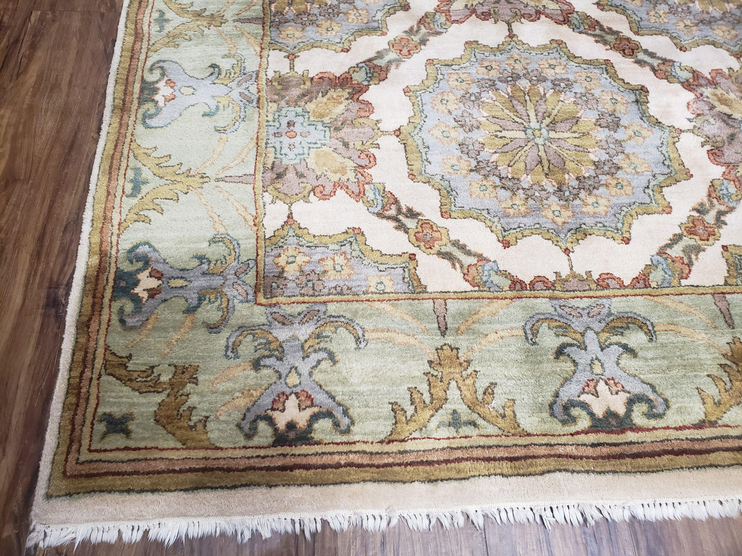 Indo Sultanabad Area Rug 8 x 9.5, Wool Hand-Knotted Ivory Green Teal Decorative Rug, Floral Panel Carpet, Indian Rug, 8 x 10 Bedroom Rug - Nuvé