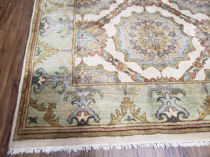 Indo Sultanabad Area Rug 8 x 9.5, Wool Hand-Knotted Ivory Green Teal Decorative Rug, Floral Panel Carpet, Indian Rug, 8 x 10 Bedroom Rug - Nuvé