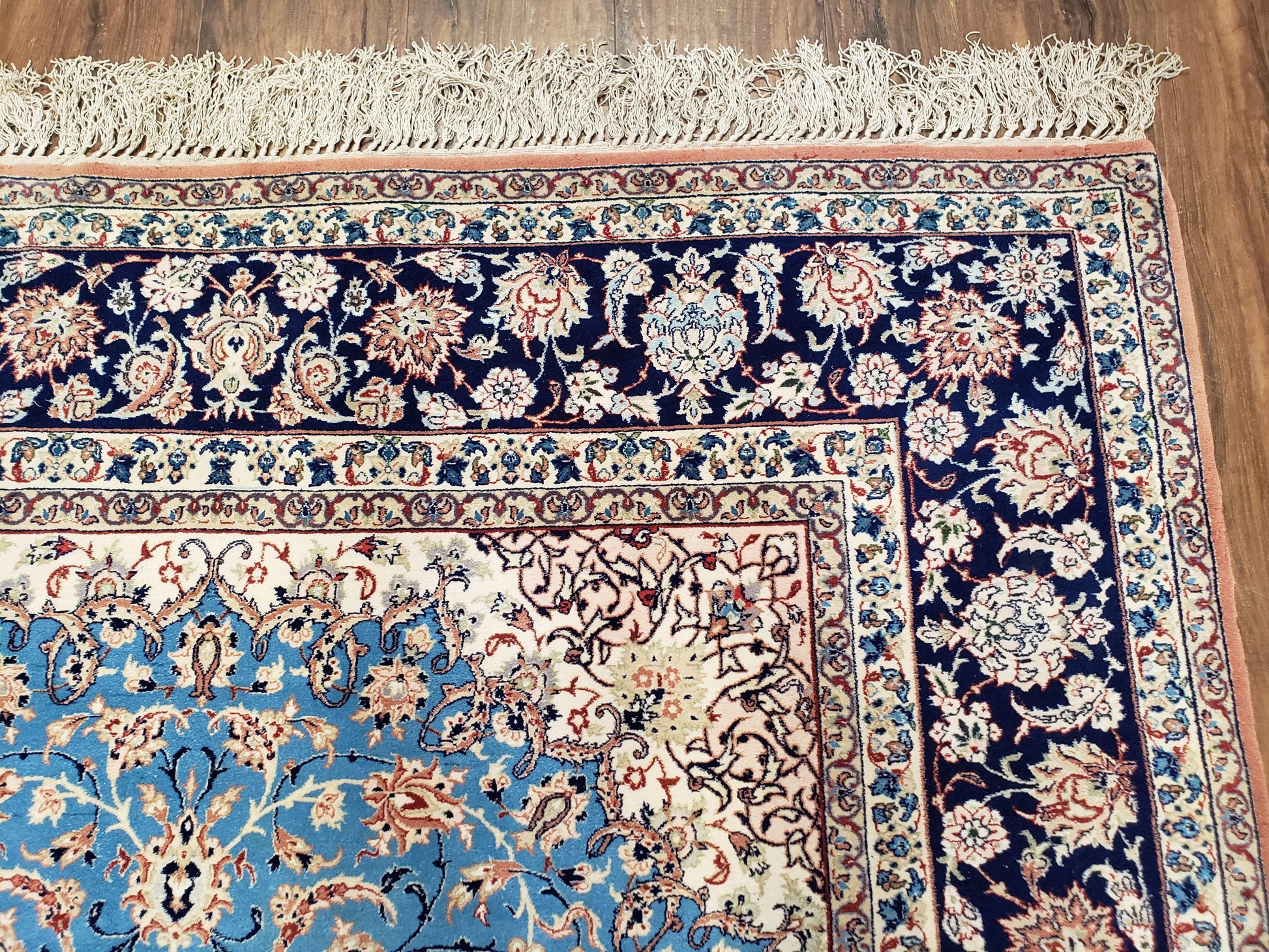 Persian Isfahan Rug, Kork Wool on Silk Foundation, Sky Blue, Hand-Knotted, 5' 1" x 7' 8" - Nuvé