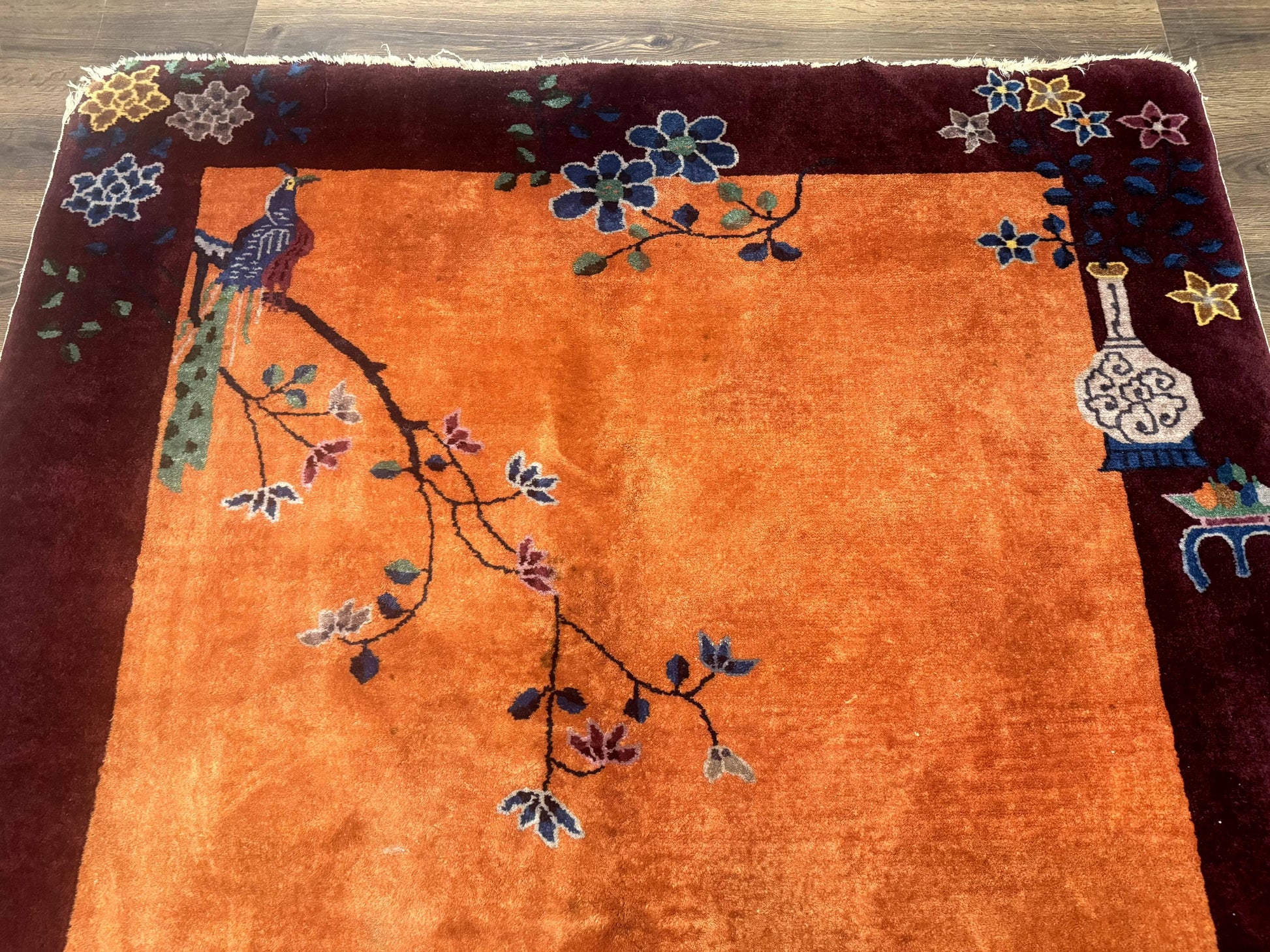 Chinese Art Deco Rug 5x8, Antique Chinese Wool Rug, Nichols Rug, Rare Chinese Carpet, Orange and Purple-Maroon - Nuvé