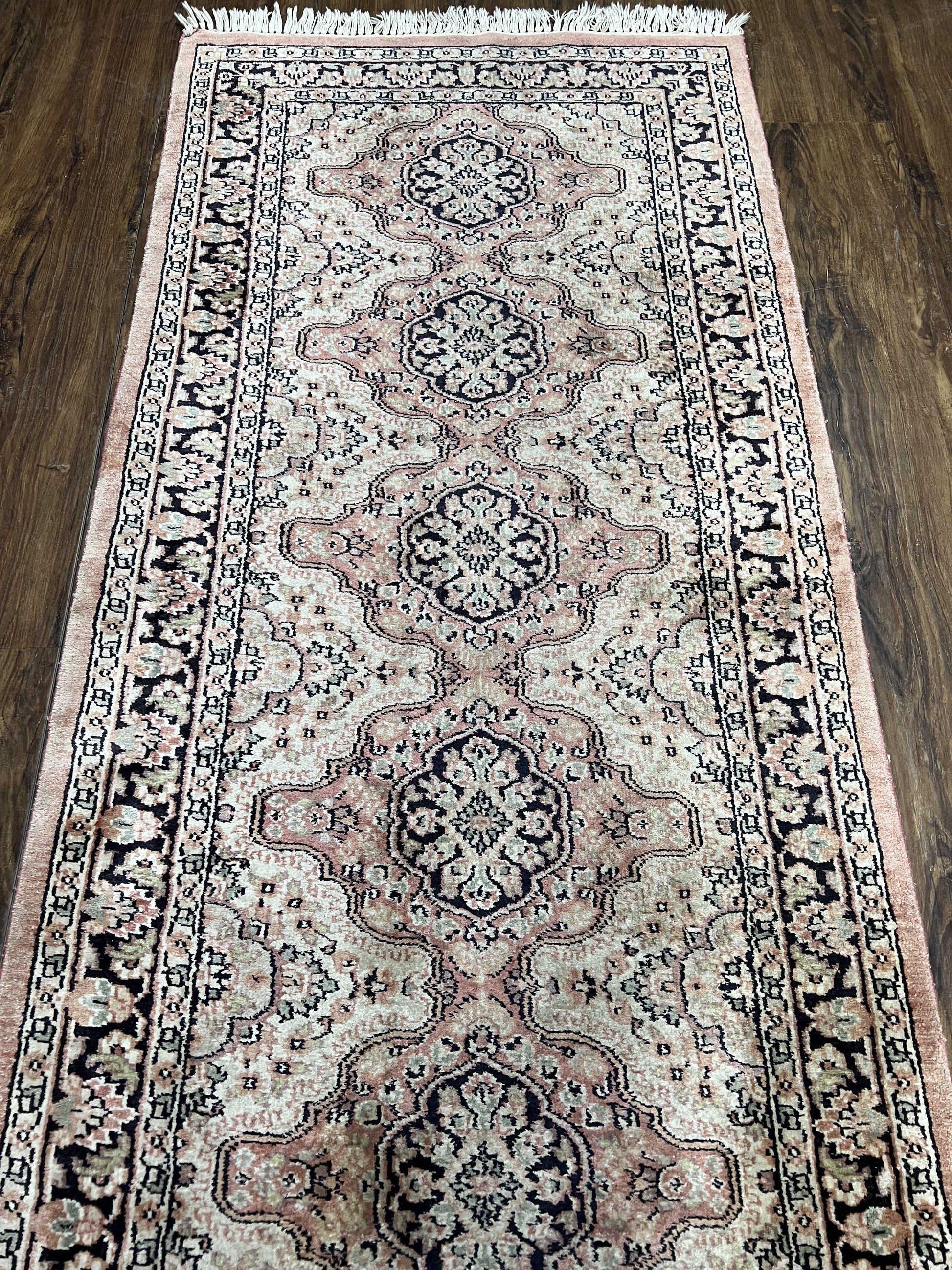 Silk Kashmiri Runner 2.7 x 10 ft Vintage Rug, Ivory Pastel Pink, Hand-Knotted Vintage Runner, Hallway Carpet, Indian Rug Medallion Runner - Nuvé