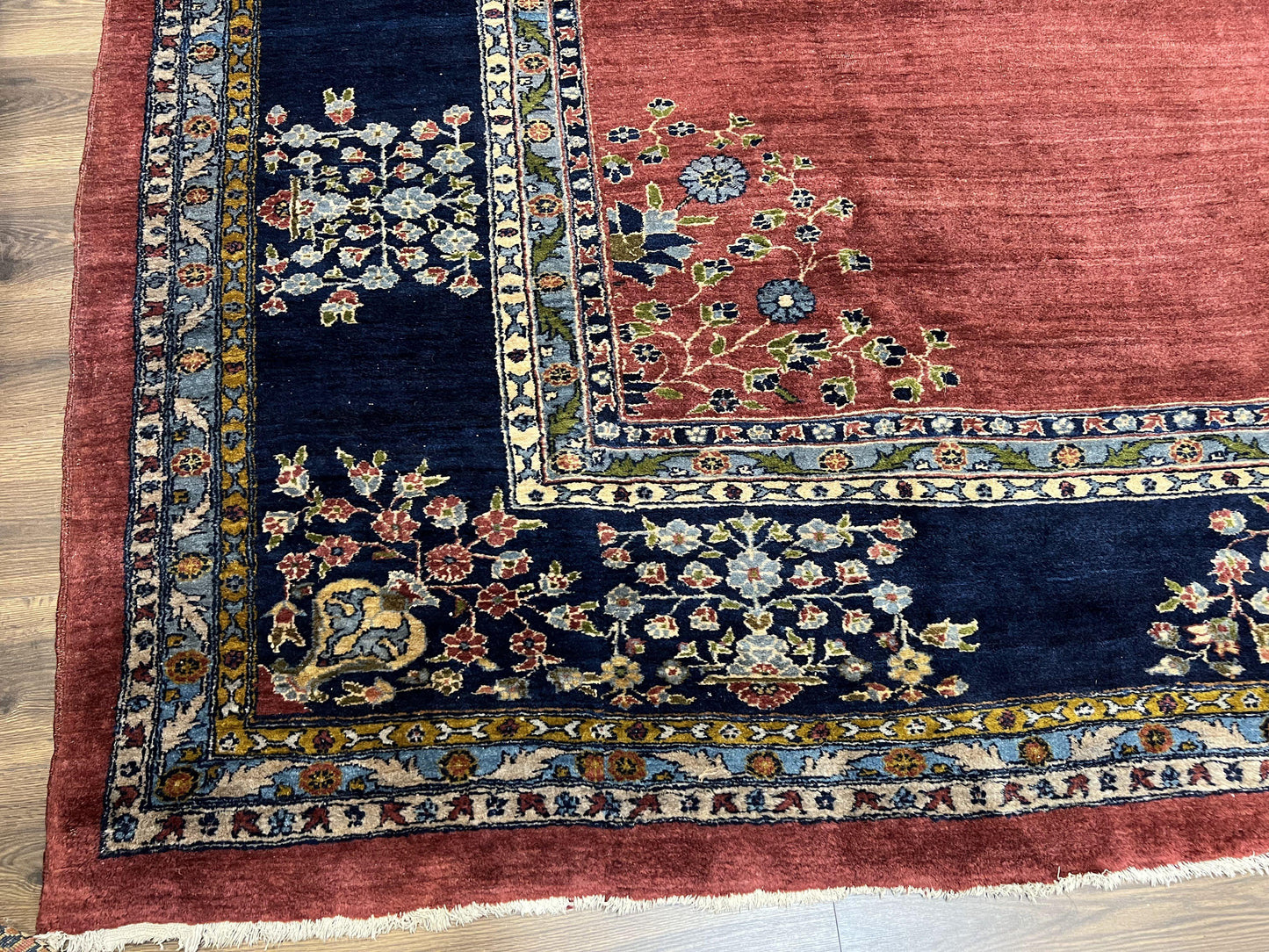 Large Persian Sarouk Rug 10x17, Open Field, Red and Navy Blue, Palace Sized Oversized Hand Knotted Wool Oriental Carpet Flowers Vases Antique 1920s - Nuvé