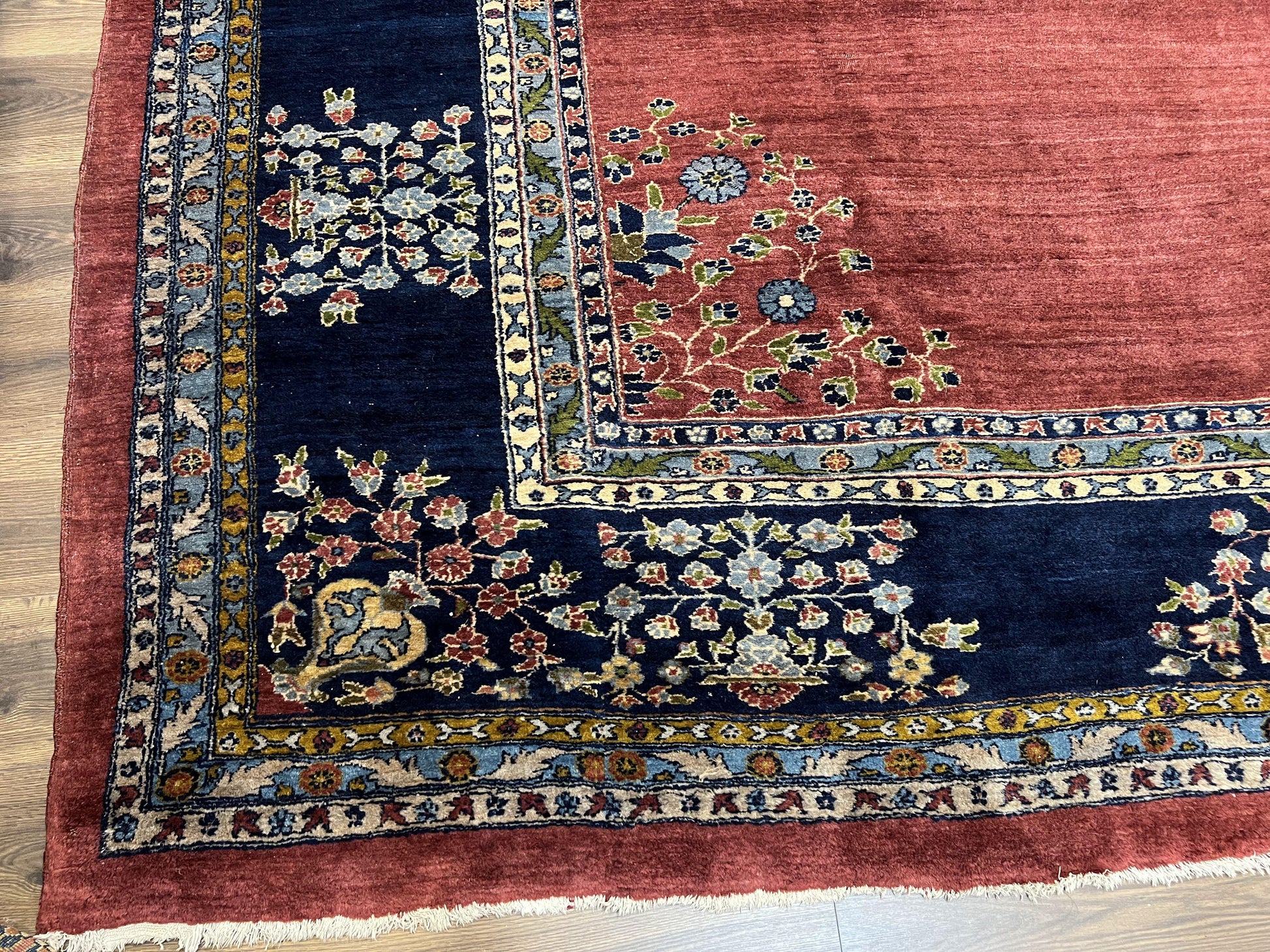 Large Persian Sarouk Rug 10x17, Open Field, Red and Navy Blue, Palace Sized Oversized Hand Knotted Wool Oriental Carpet Flowers Vases Antique 1920s - Nuvé