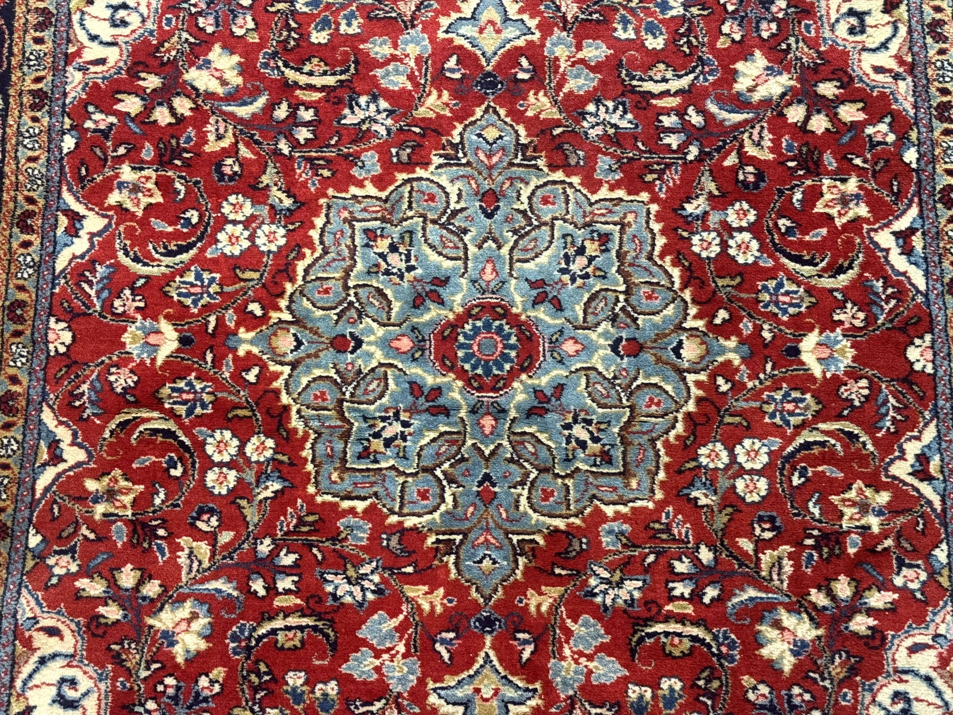 Persian Sarouk Rug 4x7, Red Navy Blue Vintage Wool Medallion Carpet - Nuvé