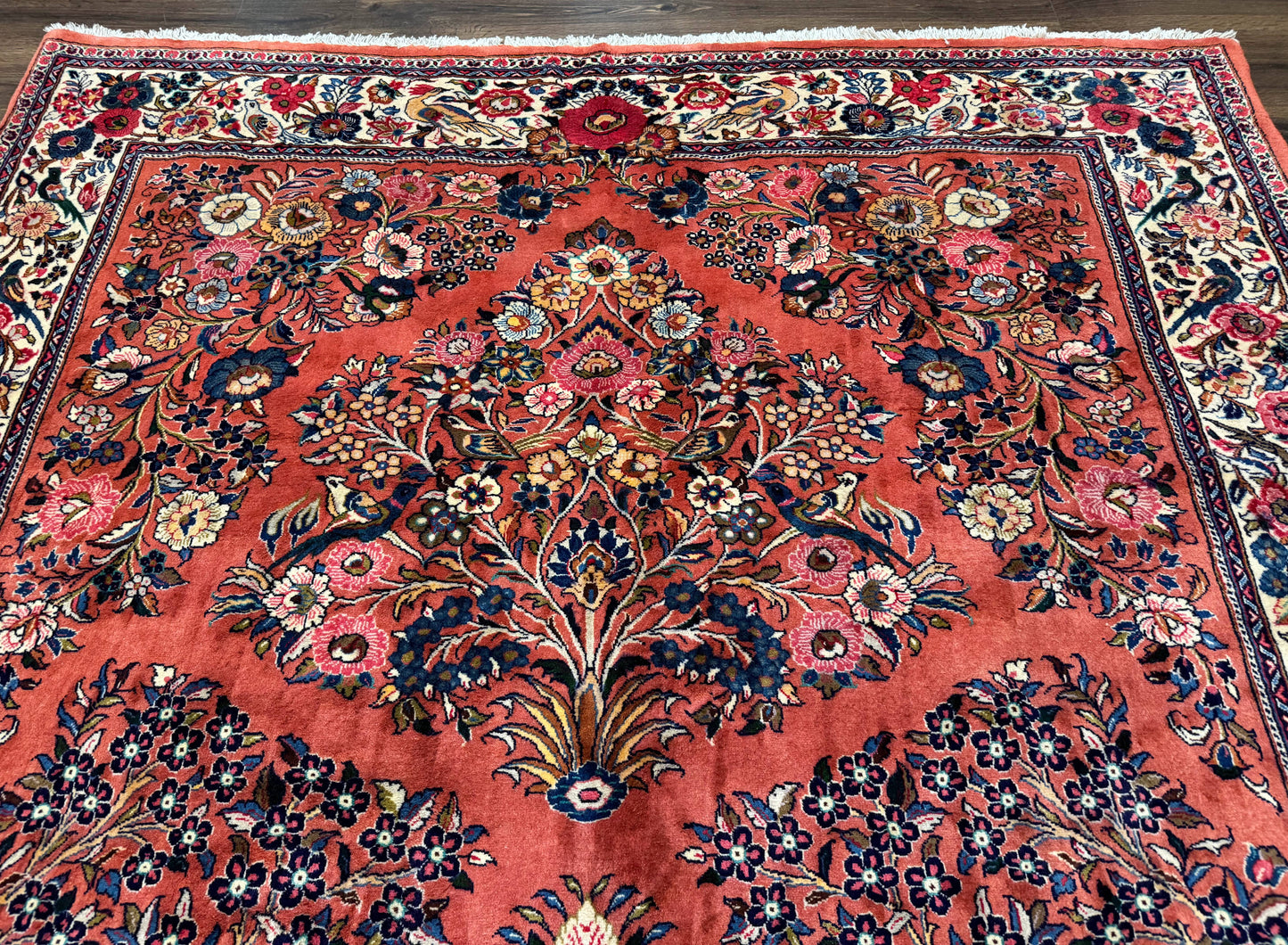 Persian Sarouk Rug 7x10, Red and Ivory, Floral Bouquets, Birds - Nuvé
