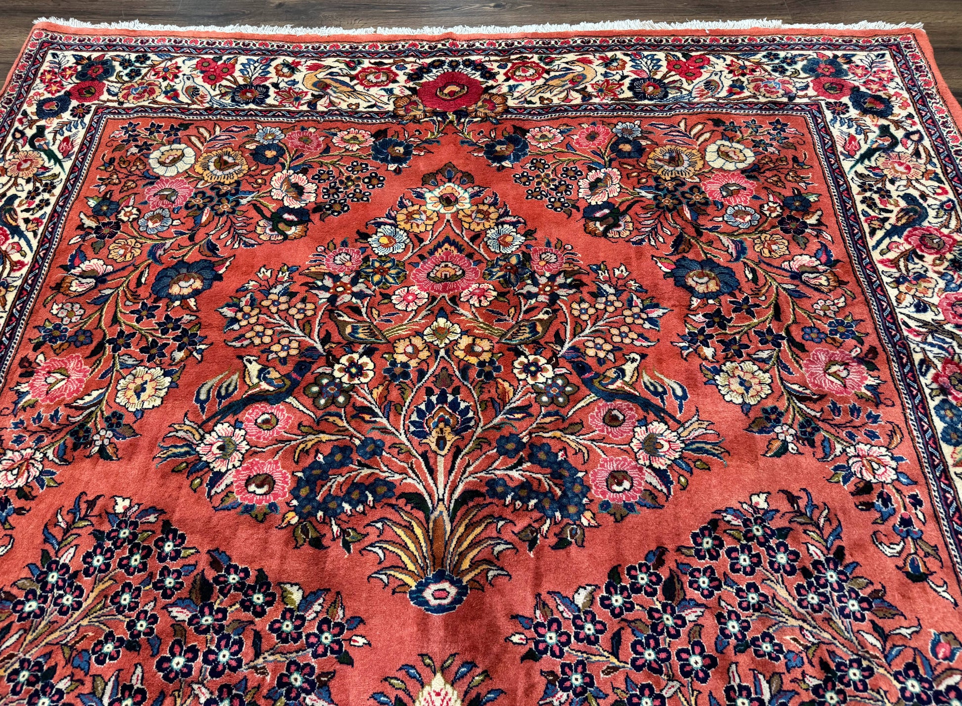 Persian Sarouk Rug 7x10, Red and Ivory, Floral Bouquets, Birds - Nuvé