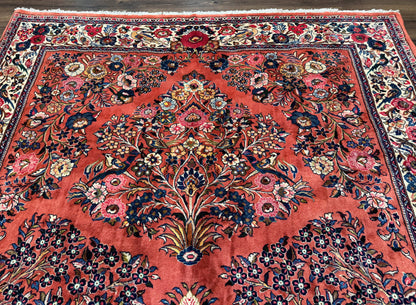 Persian Sarouk Rug 7x10, Red and Ivory, Floral Bouquets, Birds - Nuvé